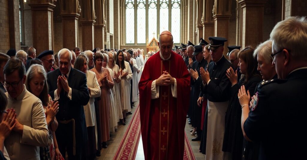 Procesja katolicka z duchownym prowadzonym przez władze - symbolizuje upadek moralny posoborowego kleru