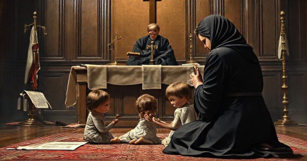 Matka modlitwa przed ołtarzem z krzyżykiem w dłoni, w tle młotek sędziowski i dokumenty symbolizujące bezprawie - obraz moralnego bankructwa systemu