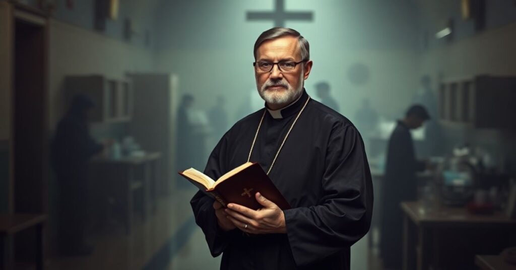 Katolicki ksiądz w kościele z biblią na tle laboratorium badawczego z tkankami płodowymi