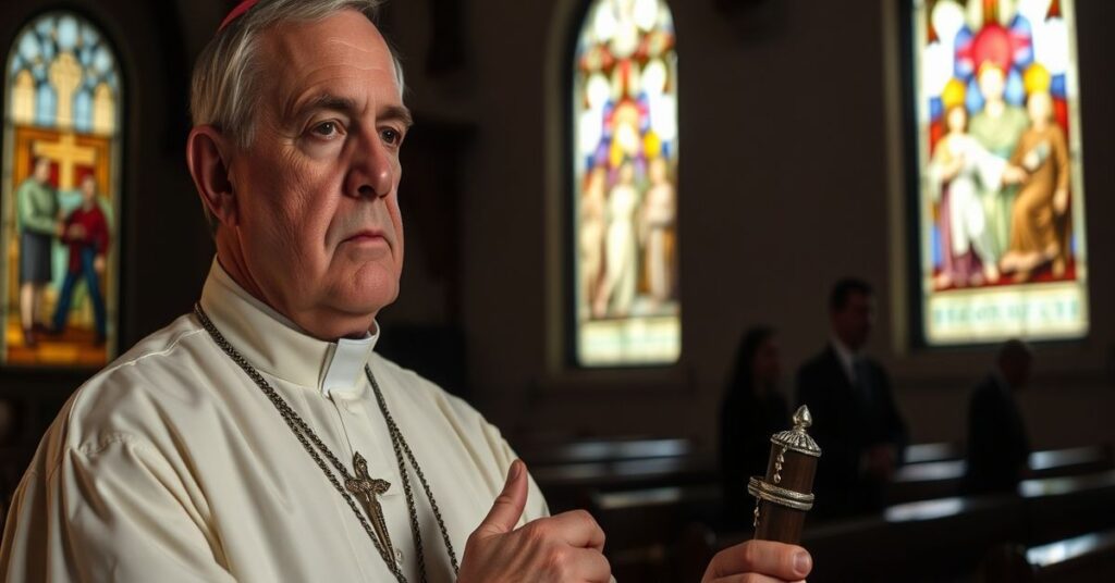 Tradycyjny księż katolicki w ciemnym koście, trzymający róż i modlący się w tle widoczni szybowiec politycy i biznesmeni: Howard Lutnick, David Solomon i Elon Musk.