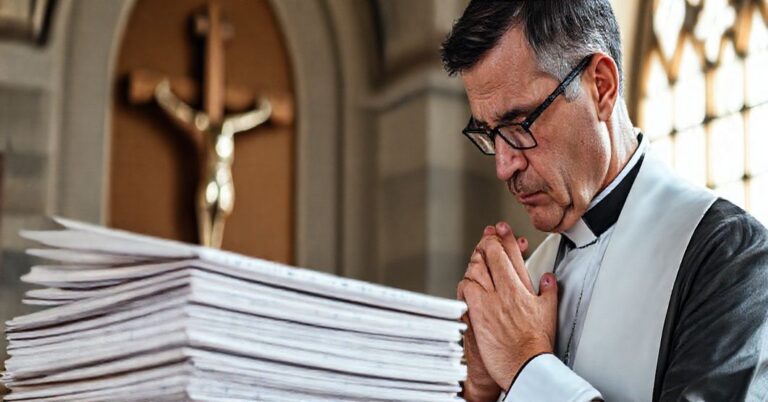 Kobieta w tradycyjnej katolickiej ubiorze przewodnicząca modlitwie przed sztuczną inteligencją generującą fałszywe dokumenty biznesowe