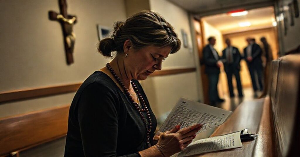 Kobieta w modlitwie przed krucyfiksem w szpitalnym kaplicy, trzymając różaniec; dokument eutanazji na ławce symbolizujący moralny kryzys medycyny w Kanadzie.