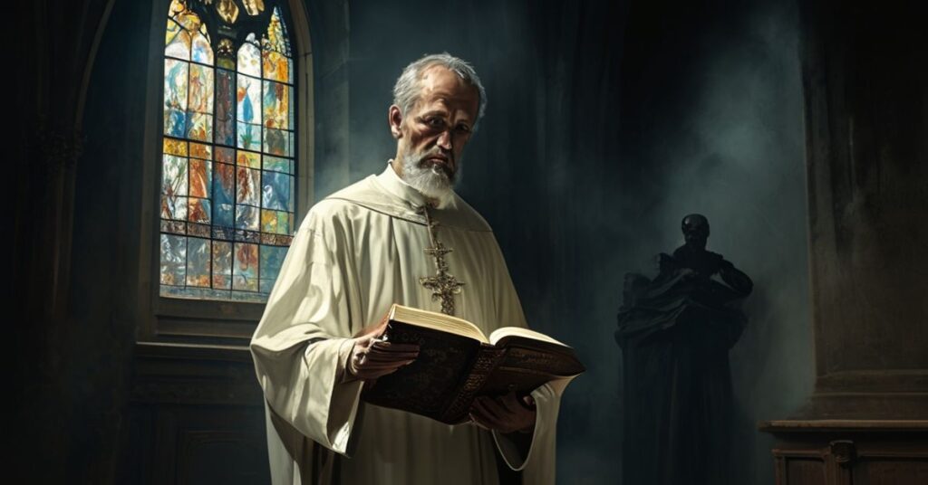 Ksiądz w tradycyjnej szacie liturgicznej trzyma otwartą Biblię w ciemnym kościele gotyckim z witrażem przedstawiającym Sąd Ostateczny. Scena symbolizuje upadek polityczny Zbigniewa Ziobra i moralny kryzys współczesnej polityki.