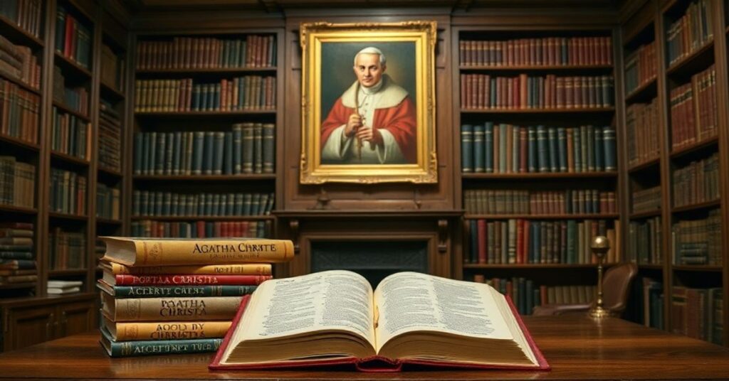 Biblioteka z antycznymi regałami pełnymi książek i portretem Piusa XI na tle, z leżącymi na stole powieściami Agathy Christie i otwartą Biblią.