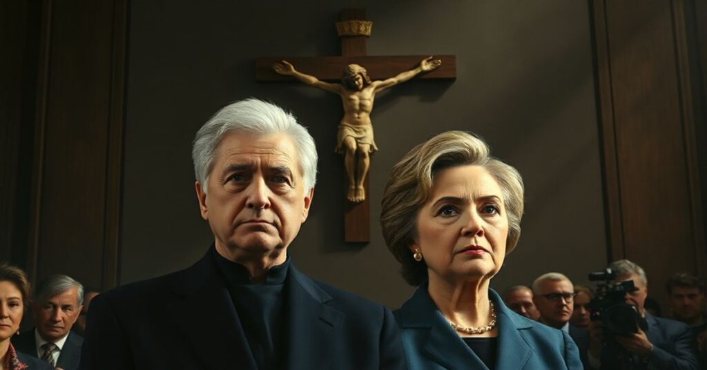 Portret Billa i Hillary Clinton w sali sądowej przed krucyfiksem, symbolizujący moralny upadek elit w świetle prawa Bożego.