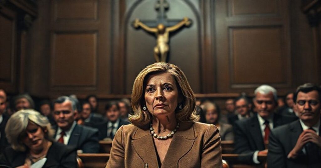 Scena w sali Izby Reprezentantów USA przedstawiająca kongresmenkę Stacey Plaskett w kontakcie z pedofilem Jeffreyem Epsteinem, symbolizująca upadek moralny zachodniej polityki.