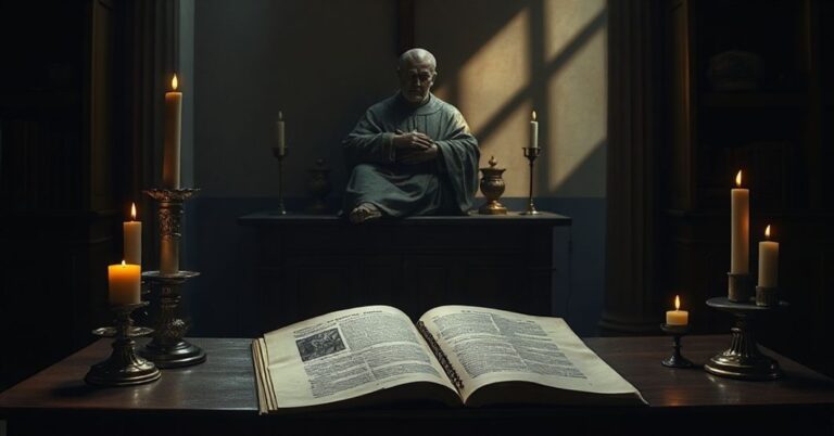 Ciemny obraz przedstawiający ołtarz katolicki z zdewastowaną statuą kapłana, symbolizujący upadek moralny w hierarchii posoborowej. Świece rzucają dramatyczne cienie, podkreślając kontrast między świętym a profanum. Rozerwany dokument z wstrząsającą treścią leży otwarty, symbolizując ujawnione grzechy nowoczesnego kleru. W tle widnieją blady, duchowe postacie dzieci, symbolizujące ofiary molestowania duchownych.