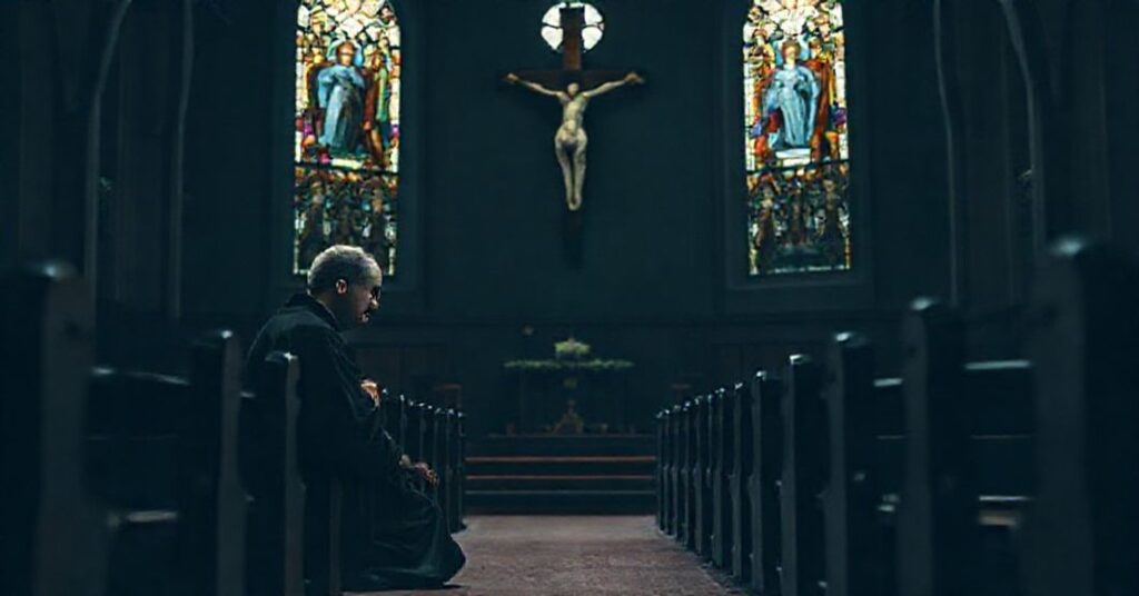 Pozbawiony nadziei katolicki kapłan modlący się przed krzyżem w opuszczonej kaplicy.