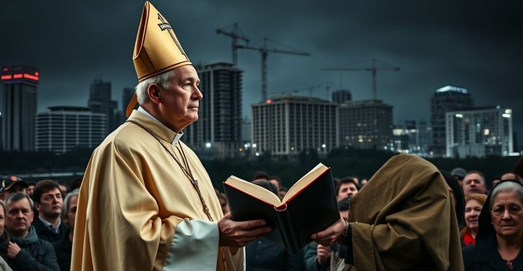 Biskup w tradycyjnych szatach liturgicznych stoi przed tłumem, trzymając zamkniętą Biblię, patrząc na miasto symbolizujące moralny upadek i korupcję polityczną.