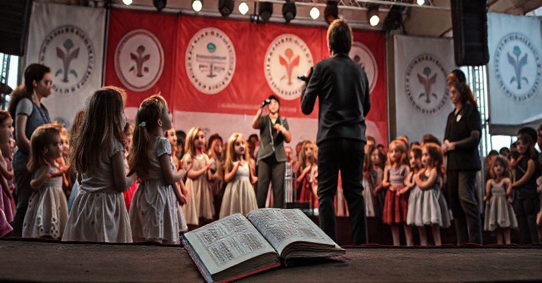 Zaskoczone dzieci podczas kontrowersyjnego koncertu na festynie w Lubrañcu z logotypami miejskimi w tle.