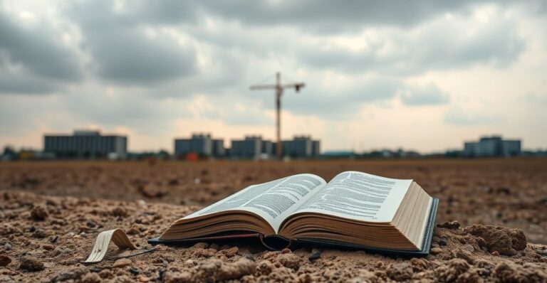 Puste, opuszczone pole pod budową CPK z porzuconą katolicką książką modlitw, symbolizujące moralny upadek politycznej korupcji