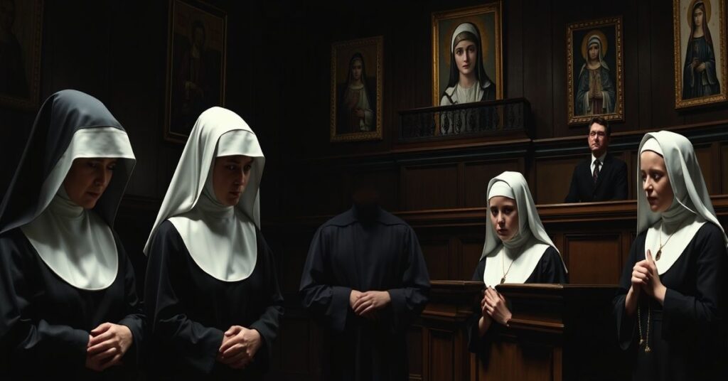 Scena sądowa z byłymi "siostrami" zakonnymi skazanymi za znęcanie się nad dziećmi w domach opieki w Szkocji.