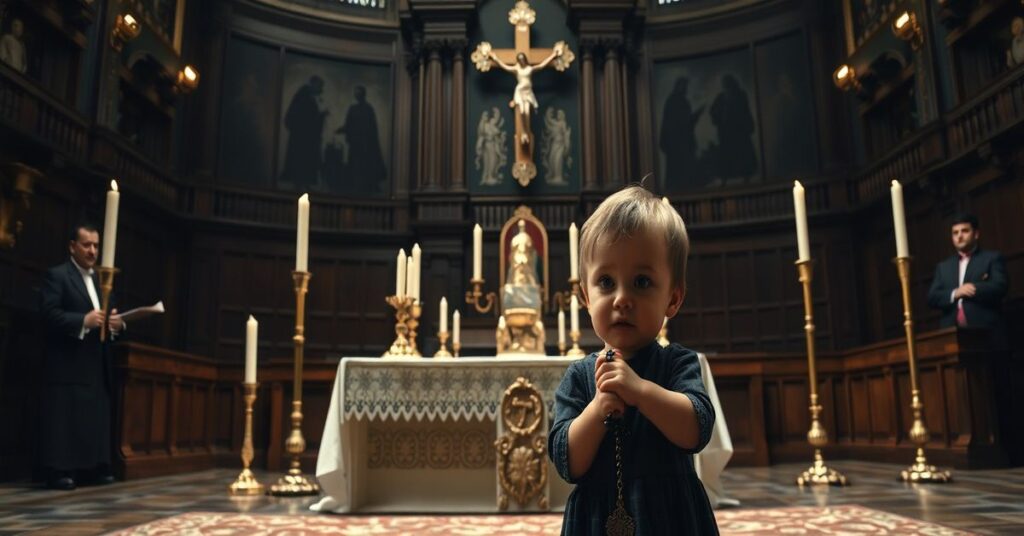 Tradycyjny katolicki ołtarz z krzyżem i zwykłymi świecami na tle pustej izby poselskiej. Dziecko przerażone trzyma różaniec na pierwszym planie.