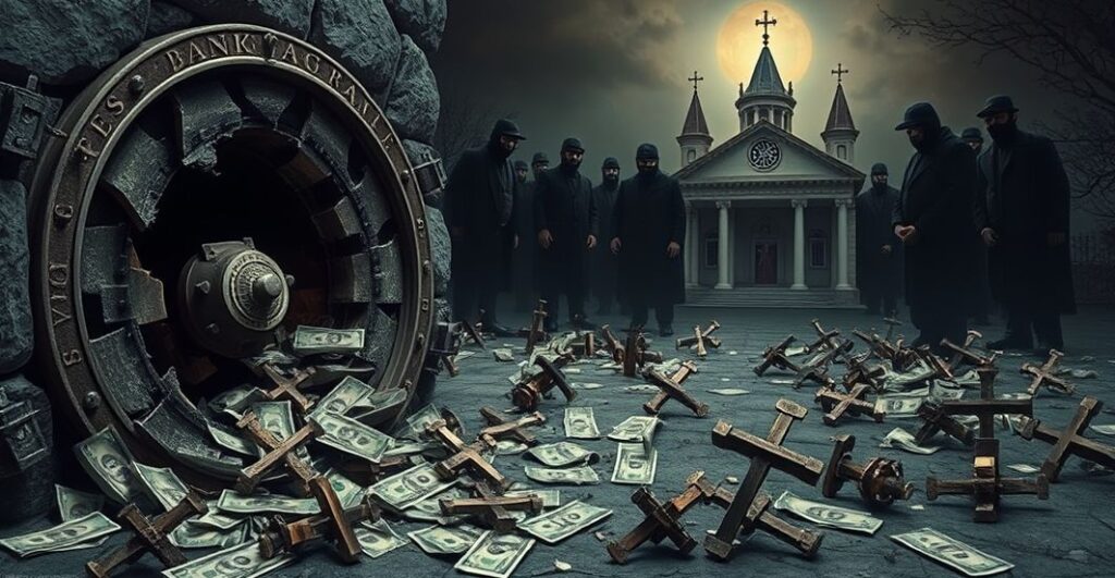 Scena przedstawiająca moralny upadek współczesnego świata, z pękniętym sejfem bankowym, rozrzuconymi banknotami i krzyżami, symbolizującymi utratę chrześcijańskich wartości. Na tle grupa maskowanych przestępców reprezentuje zorganizowaną przestępczość, podczas gdy blady obraz Chrystusa Króla na tronie przestrzega przed odrzuceniem Jego panowania. Kompozycja powinna nadawać się do smutek i potrzebę pokuty, z tradycyjnym kościołem katolickim na tle, podkreślającą duchowy wymiar problemu.