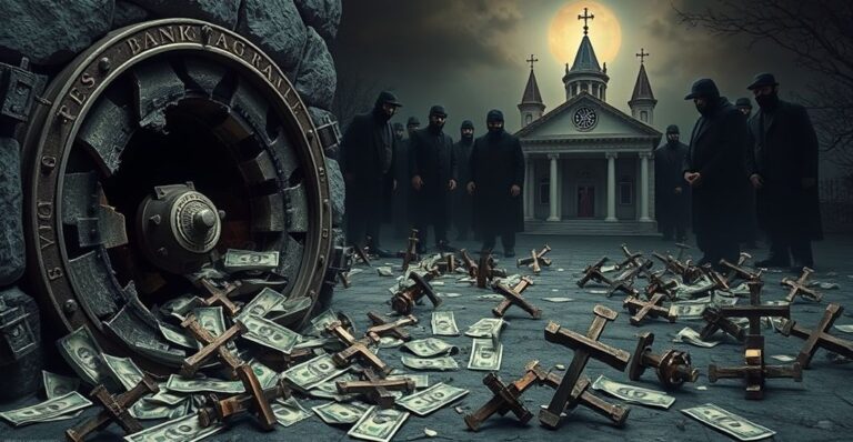 Scena przedstawiająca moralny upadek współczesnego świata, z pękniętym sejfem bankowym, rozrzuconymi banknotami i krzyżami, symbolizującymi utratę chrześcijańskich wartości. Na tle grupa maskowanych przestępców reprezentuje zorganizowaną przestępczość, podczas gdy blady obraz Chrystusa Króla na tronie przestrzega przed odrzuceniem Jego panowania. Kompozycja powinna nadawać się do smutek i potrzebę pokuty, z tradycyjnym kościołem katolickim na tle, podkreślającą duchowy wymiar problemu.