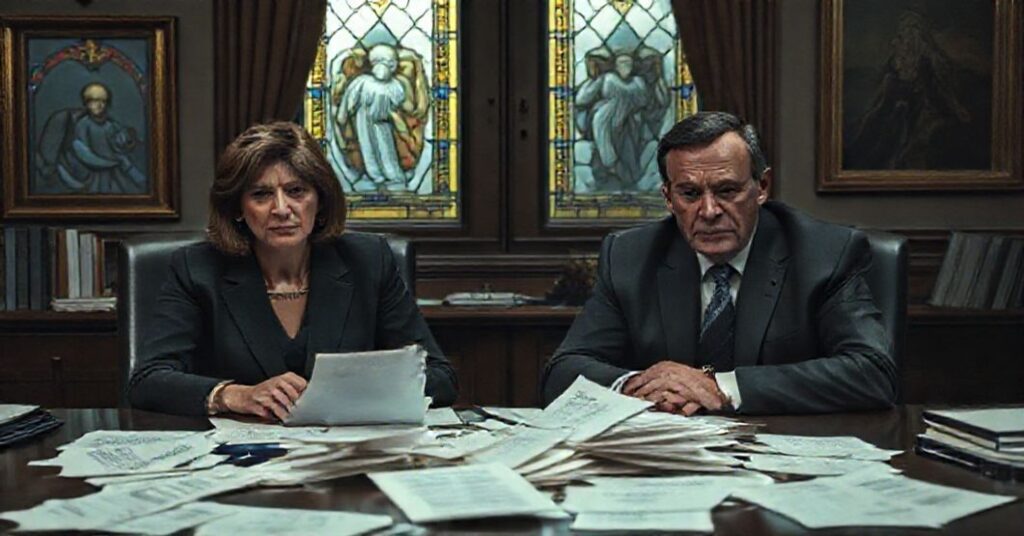 Obraz przedstawiający moralny kryzys w unijnych elitach z Federicą Mogherini i Stefano Sannino w biurze UE. Symbolizuje korupcję i zaniedbanie chrześcijańskich wartości.