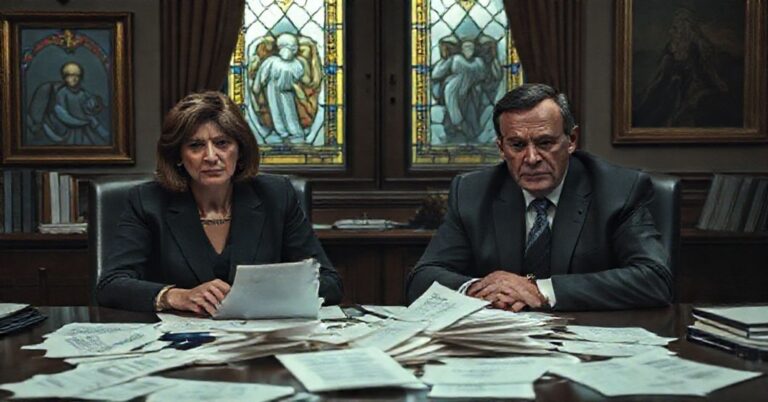 Obraz przedstawiający moralny kryzys w unijnych elitach z Federicą Mogherini i Stefano Sannino w biurze UE. Symbolizuje korupcję i zaniedbanie chrześcijańskich wartości.