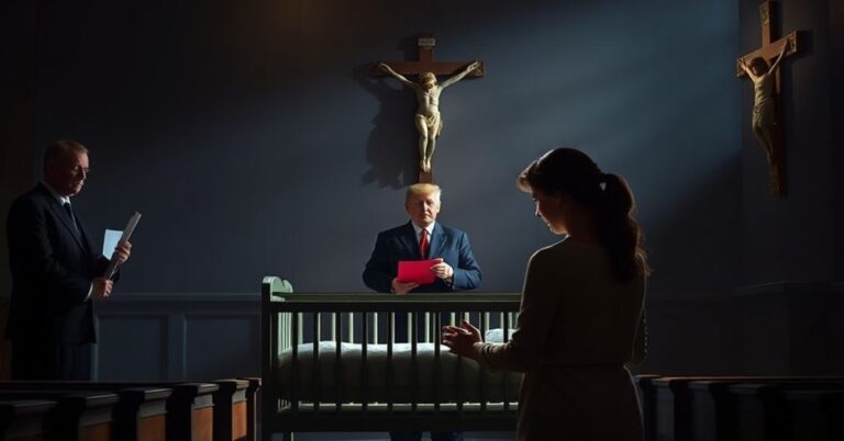 Scena przedstawiająca moralny upadek Departamentu Sprawiedliwości Trumpa ignorującego prawdę o szczepieniach Pfizera. Sygnalistka Brook Jackson przedstawiona w sądzie z dokumentami ujawniającymi oszustwa.