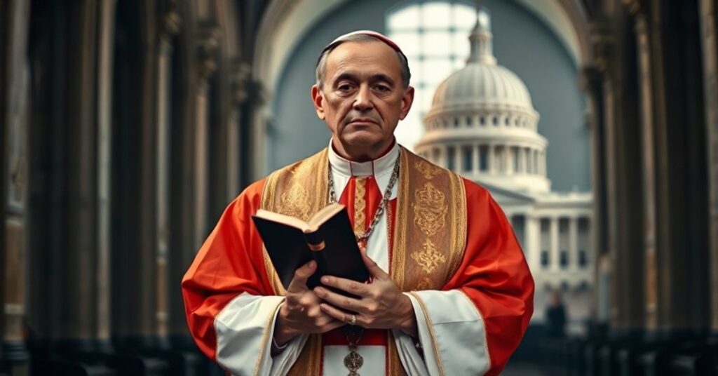 Biskup katolicki w tradycyjnych szatach liturgicznych trzyma księgę symbolizującą sprawiedliwość w ciemnej katedrze, na tle rozmytego budynku rządowego