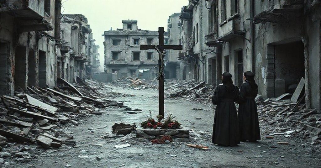 Mętne ruiny Sarajewa z krzyżem na tle zniszczeń po snajperskich atakach z lat 90. Wierni modlą się w tradycyjnych katolickich strojach.