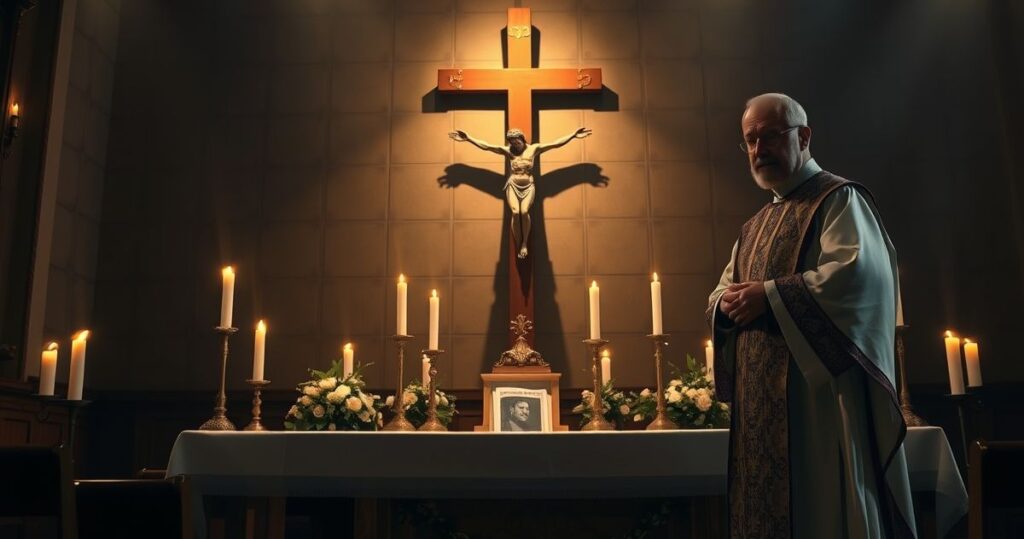 Rezonans katolicki ukazujący powagę i żałobę nad moralnym kryzysem w Albercie, z kapłanem przy ołtarzu, podkreślający zagrożenie dla dusz dzieci i odrzucenie prawa Bożego