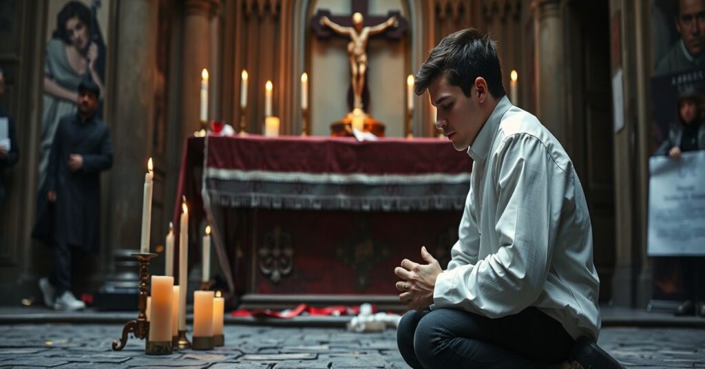 Scena przedstawiająca młodzieńca modlącego się przed tradycyjnym ołtarzem z krzyżem i świecami, symbolizujący wiarę i poświęcenie kota Quentina Deranque.