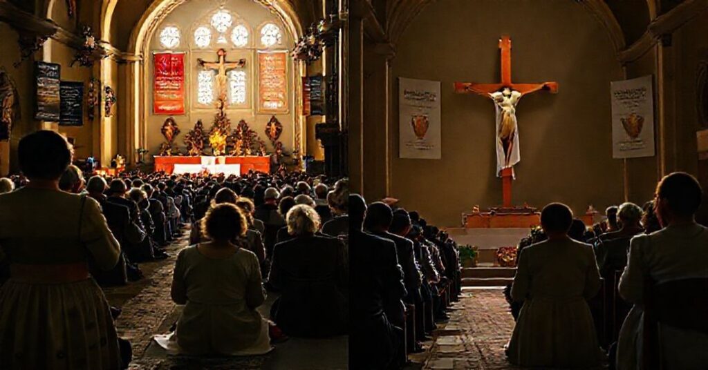 Tradycyjne katolickie wierne modląc się podczas Mszy Świętej w historycznym kościele polskim, w kontrastzie z modernistycznym zgromadzeniem w Warszawie.