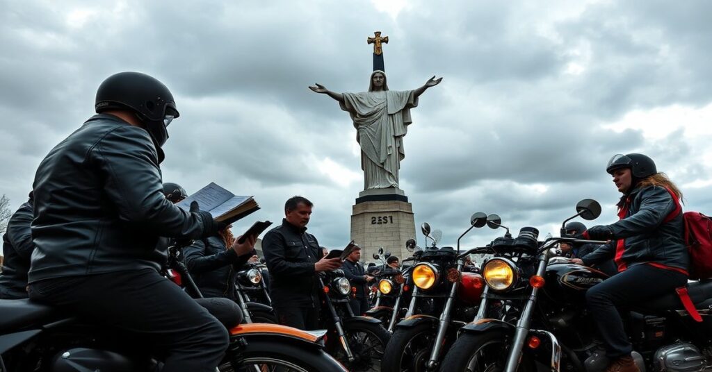 Grupa tradycyjnych katolików motocykliści modli się przed pomnikiem Chrystusa Króla w Świebodzinie