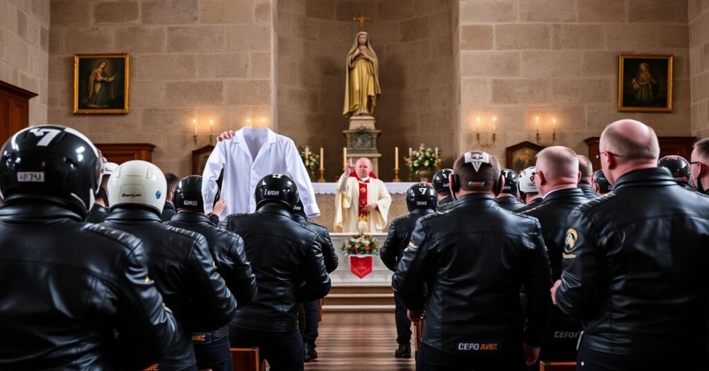 Grupa motocyklistów modli się podczas Mszy Świętej na Jasnej Górze na początku sezonu jazdy. Na tle widoczna jest ikona Matki Boskiej Częstochowskiej.
