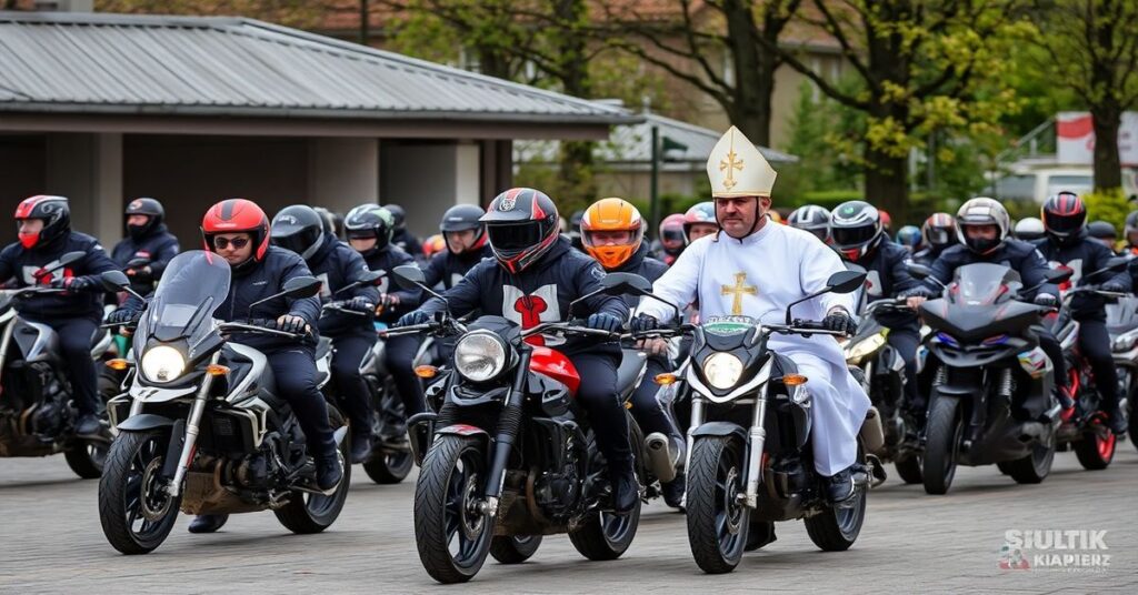 Motocykliści w Licheniu podczas „Mszy św.” z udziałem „ks.” Marcina Nowickiego i „ks.” Pawła Skoniecznego. Sanktuarium w tle.