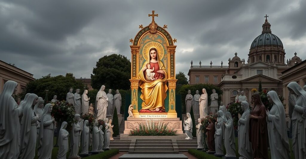 Powściągliwy widok mozaiki Matki Bożej z Coromoto w Ogrodach Watykańskich, otoczonej innymi figurami maryjnymi, w tonach przygaszonych, bez symboliki Chrystusa Króla, symbolizujący synkretyzm religijny nowego katolicyzmu