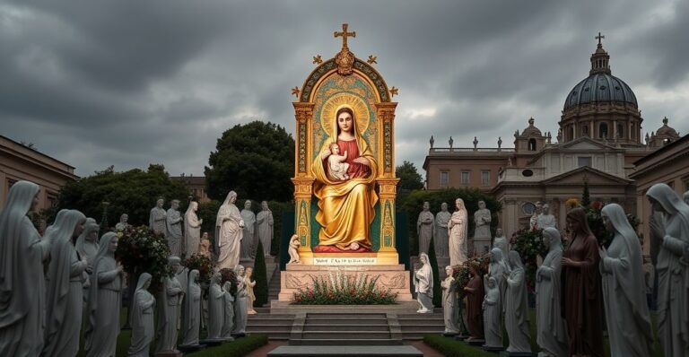 Powściągliwy widok mozaiki Matki Bożej z Coromoto w Ogrodach Watykańskich, otoczonej innymi figurami maryjnymi, w tonach przygaszonych, bez symboliki Chrystusa Króla, symbolizujący synkretyzm religijny nowego katolicyzmu