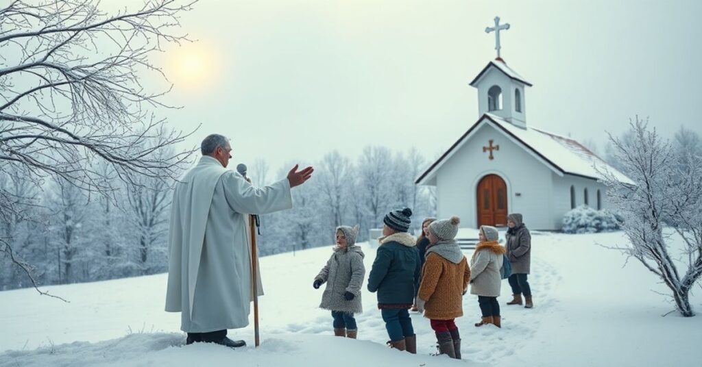 Sedevacantystyczna widok mrozu w Polsce z kościołem na tle i księżem błogosławiącym dzieci