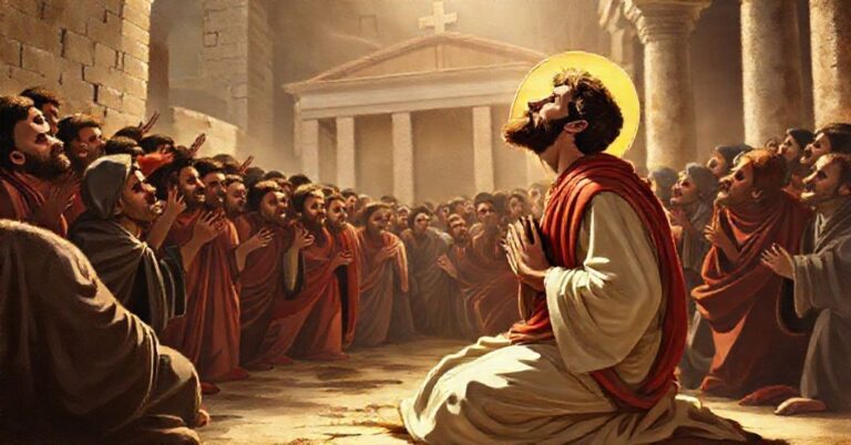 Tradycyjna katolicka ilustracja mśceństwa św. Szczepana z widzeniem Chrystusa w niebie