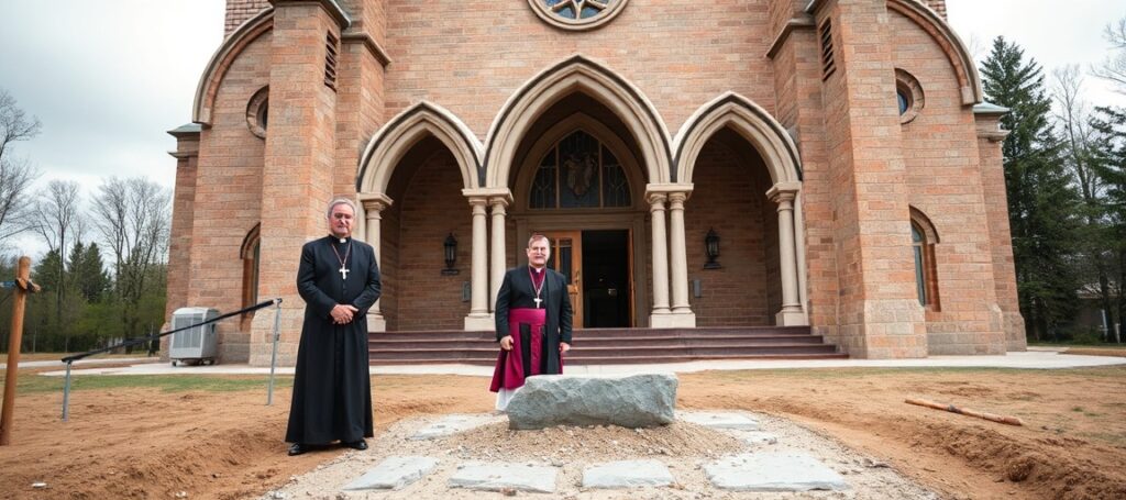 Msgr. Owen Keenan i biskup pomocniczy Toronto Ivan Camilleri stoją w uroczystej atmosferze przed nowym kościołem św. Patryka w Brampton, z widoczną romańską architekturą i apsydą krzyżową.