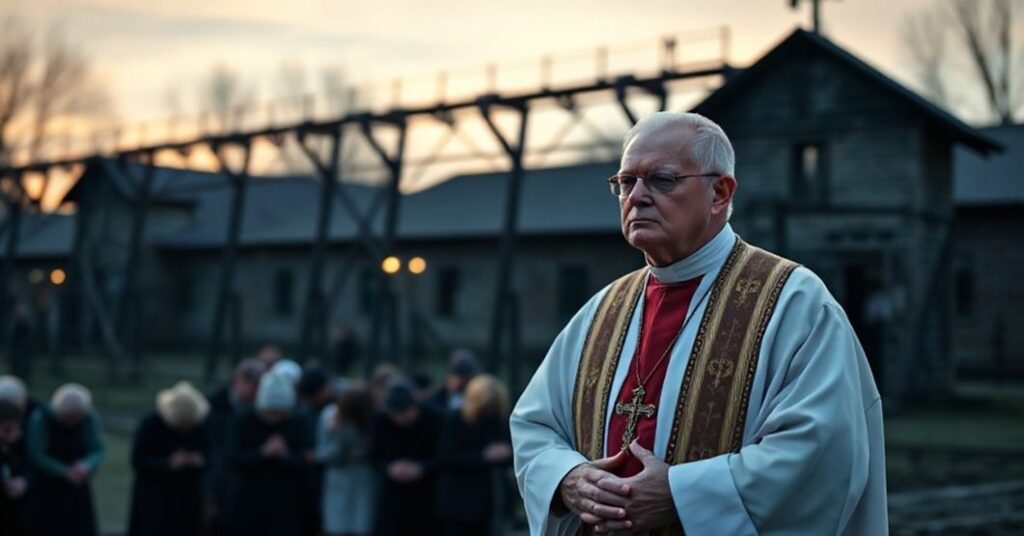 Ksiądz w tradycyjnych szatach liturgicznych odprawia msze przed szubienicami w Auschwitz-Birkenau