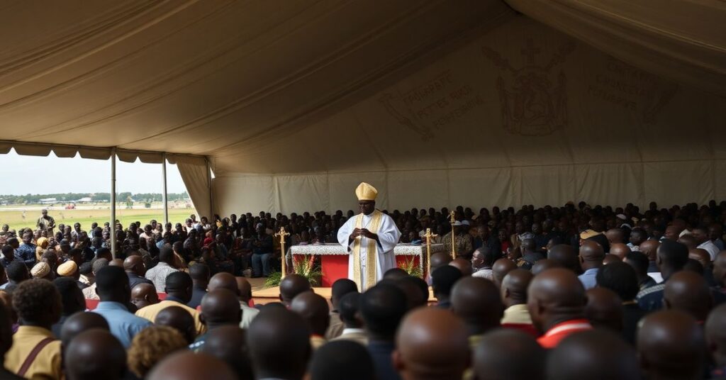 Uroczysta Msza polowa na lotnisku wojskowym w Jaunde w Kamerunie z „papieżem” Leonem XIV. Scena symbolizuje pustkę modernistycznej liturgii bez Chrystusa Króla.