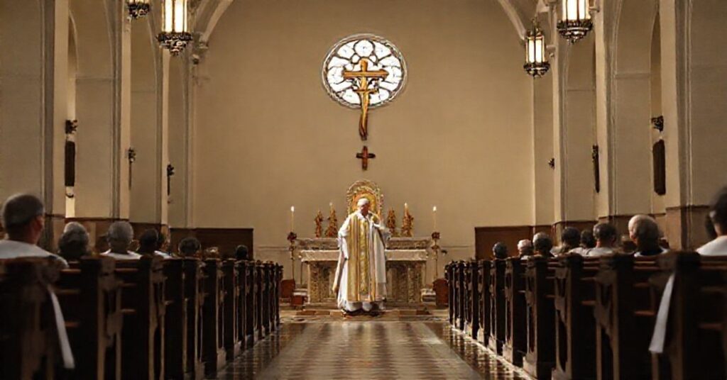Wnętrze kościoła z tradycyjnym ołtarzem podczas Mszy świętej z brakującymi elementami nauki katolickiej o czterech rzeczach ostatecznych