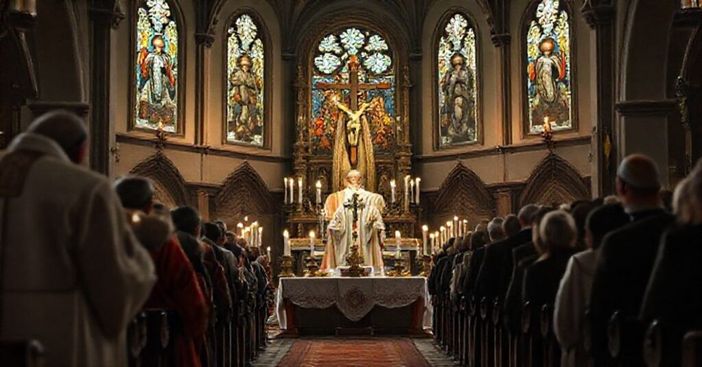 Realistyczny obraz Mszy w Biedrusku z 11 listopada 2025 roku z abp Stanisławem Gądeckim podczas kontrowersyjnego kazania o roli Kościoła w niepodległości Polski.