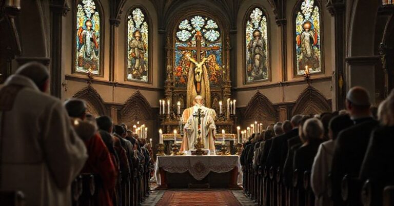 Realistyczny obraz Mszy w Biedrusku z 11 listopada 2025 roku z abp Stanisławem Gądeckim podczas kontrowersyjnego kazania o roli Kościoła w niepodległości Polski.