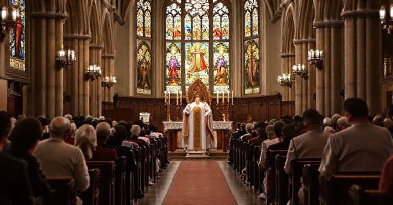 Tradycyjna msza w obrzędzie trydenckim ku czci Chrystusa Króla z księży i wiernych w modlitwie