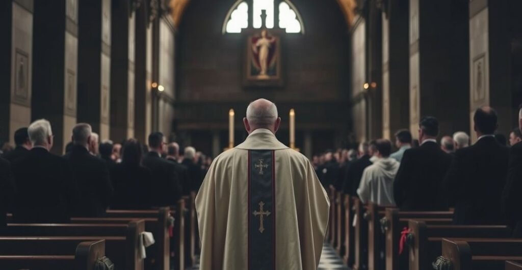 Fotografia realistyczna katolickiego kapłana odprawiającego Mszę Świętą w Dachau, odzwierciedlająca powagę i sacrum, z tradycyjnym liturgicznym kontekstem i historyczną powagą.