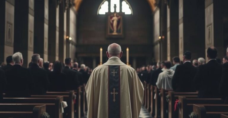 Fotografia realistyczna katolickiego kapłana odprawiającego Mszę Świętą w Dachau, odzwierciedlająca powagę i sacrum, z tradycyjnym liturgicznym kontekstem i historyczną powagą.