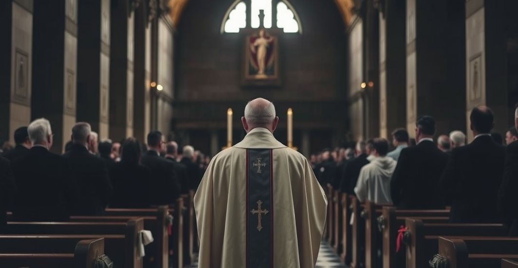 Katolicka Msza w Dachau - tradycyjne sacrum i powaga Fotografia realistyczna katolickiego kapłana odprawiającego Mszę Świętą w Dachau, odzwierciedlająca powagę i sacrum, z tradycyjnym liturgicznym kontekstem i historyczną powagą.
