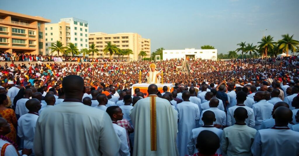 Solemny widok Mszy świętej na stadionie w Duali w Kamerunie z udziałem 120 tysięcy wiernych. Scena skupia się na ołtarzu przykrytym białą szatą, ale brak jest poważności wśród uczestników.