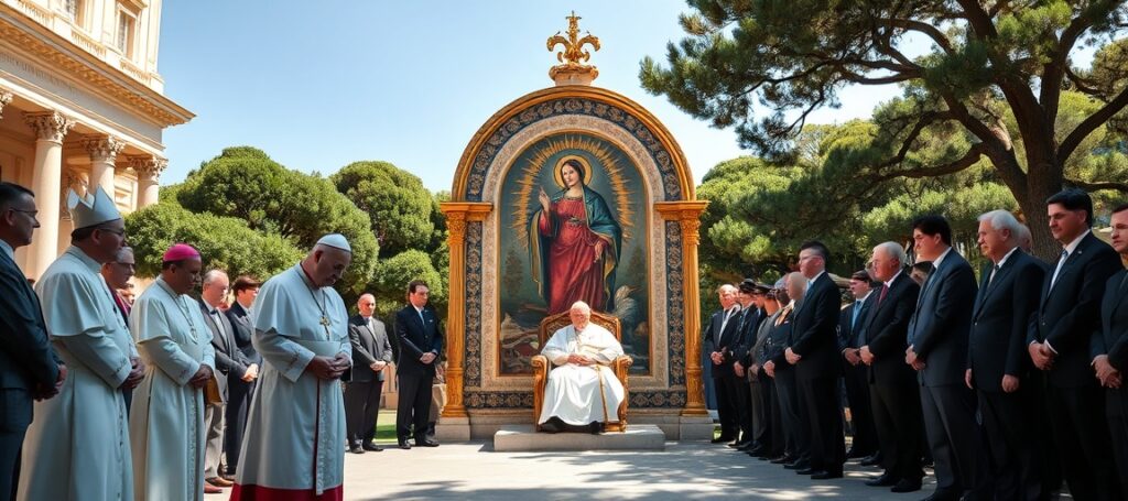 Uroczyste odsłonięcie mozaiki Matki Boskiej z Gietrzwałdu w Ogrodach Watykańskich z udziałem prezydenta Konferencji Episkopatu Polski Tadeusza Wojdy i antypapieża Leona XIV – symboliczne zwycięstwo idolatrii narodowej i herezji w sercu okupowanej Stolicy Apostolskiej