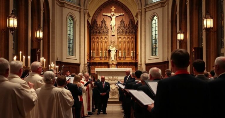 Tradycyjny kościół katolicki z liturgią w tle, chołem i orkiestrą wykonującą Mszę h-moll Bacha w poważnej atmosferze.