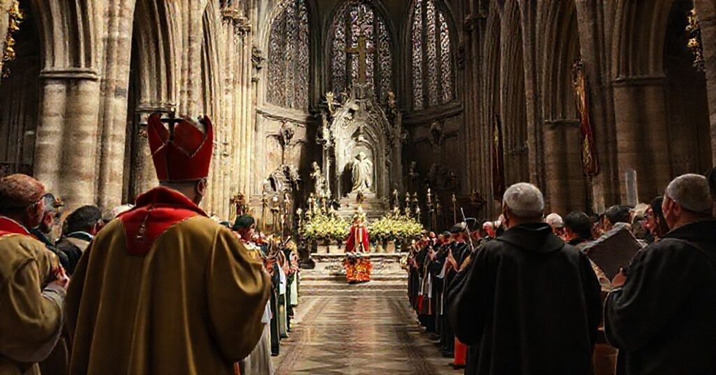 Krytyczne przedstawienie pseudo-liturgii wrocławskiej archikatedry podczas tzw. "mszy hubertowskiej", ukazujące konflikt między tradycyjnymi katolickimi wierzeniami a synkretyzmem religijnym.