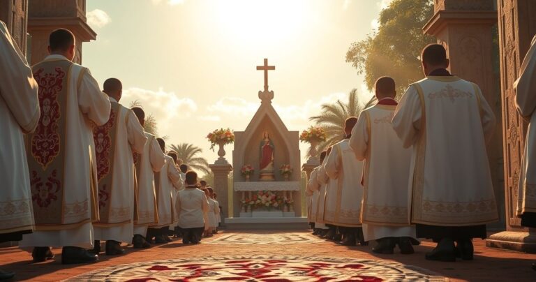 Fotografia realistyczna ukazująca uroczystą katolicką Mszę na zewnątrz w Burundi, z kapłanami w tradycyjnych ornatach i wiernymi, podkreślająca wierne i pełne szacunku kultu katolickiego, kontrastująca z modernistycznymi tendencjami