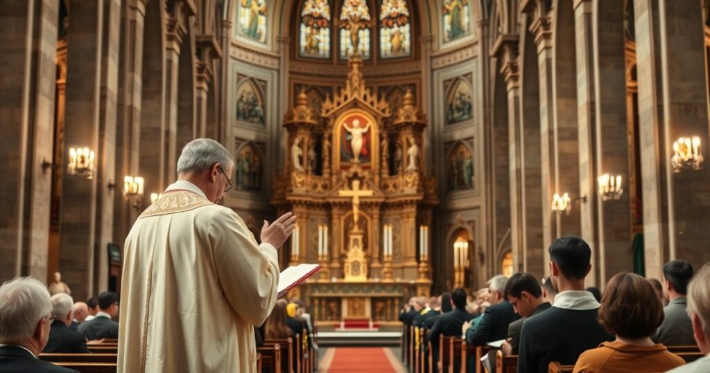 Szczegółowe, religijne zdjęcie ukazujące kapłana odprawiającego Mszę świętą w tradycyjnym kościele katolickim, z powagą i szacunkiem wobec liturgii, symbolizujące głęboką wiarę i oddanie.